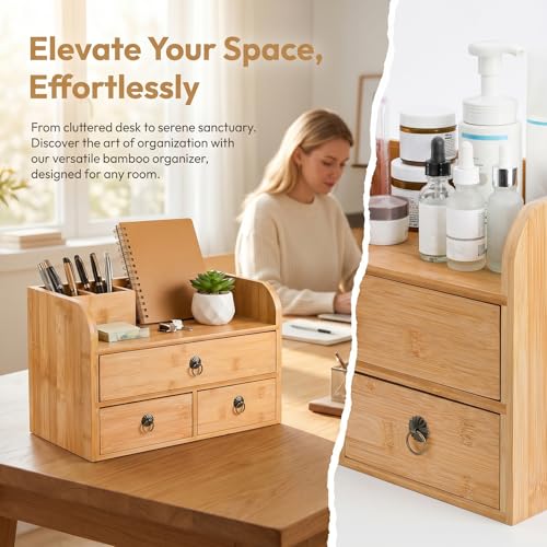 Nicunom Bamboo Desk Organizer, 3-Tier Bamboo Tabletop Storage Organization Multifunctional Desktop Organizer with Drawers for Home Office Toiletries Supplies Vanity