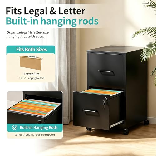 SAWJEC 2 Drawer Metal File Cabinet with Lock, Black Mobile Filing Cabinet | 17.7"D x 15"W x 26.8"H, Black Mobile Locking File Cabinet, Assembly Required, Fits Letter Hanging Files - color: Black, size: 17.7"D x 15"W x 26.8"H