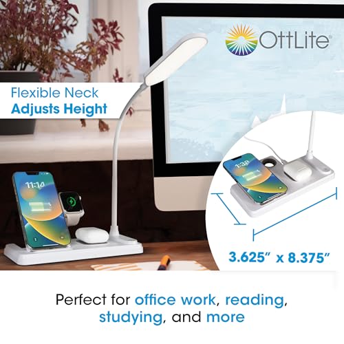 OttLite LED Desk Lamp with Multi-Device Wireless Charging Station, White | Smartwatch Charging Stand | 3 Color Temperature Modes | Flexible Neck | ClearSun LEDs Reduce Eyestrain