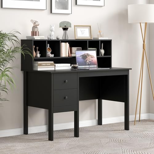 COSTWAY Writing Desk with USB Charging Ports & Power Outlets, 48" Computer Desk with Drawers & 5-Cubby Hutch, Study Table Computer Work Station for Home Office (Black) - color: Black