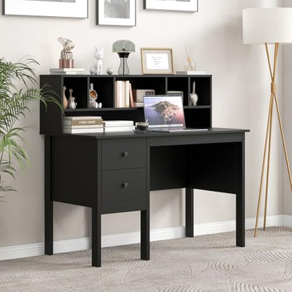 COSTWAY Writing Desk with USB Charging Ports & Power Outlets, 48" Computer Desk with Drawers & 5-Cubby Hutch, Study Table Computer Work Station for Home Office (Black) - color: Black