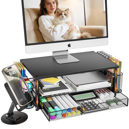 Desk Organizer and Accessories with Cellphone Holder, Height Adjustable 2-Tier Computer Monitor Stand Riser with Drawer and 2 Pen Holders,Office Desk Accessories for Office Supplies, Black
