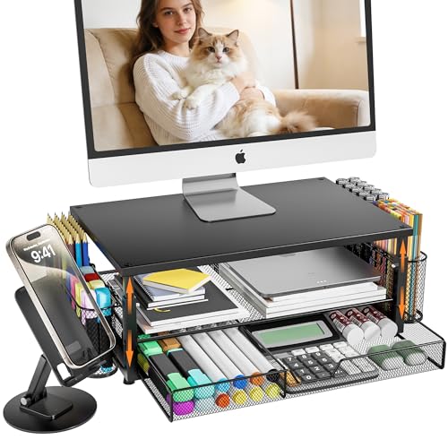 Desk Organizer and Accessories with Cellphone Holder, Height Adjustable 2-Tier Computer Monitor Stand Riser with Drawer and 2 Pen Holders,Office Desk Accessories for Office Supplies, Black