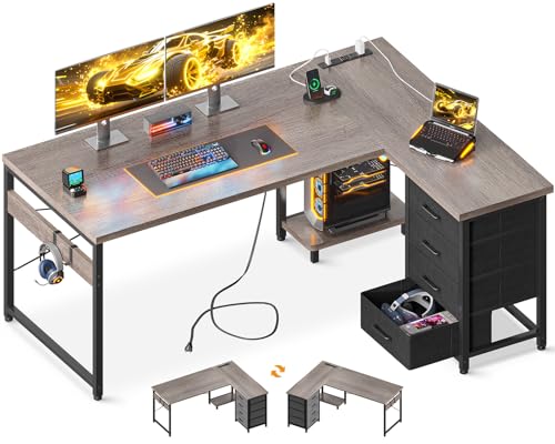 AODK L Shaped Gaming Desk with 4 Drawers, 53" Reversible Home Office Desks with Power Outlets, L Shaped Computer Desk with USB Charging Port and Host Stand, Corner Desk, Easy to Assemble, Grey - color: Grey, size: 53 Inch