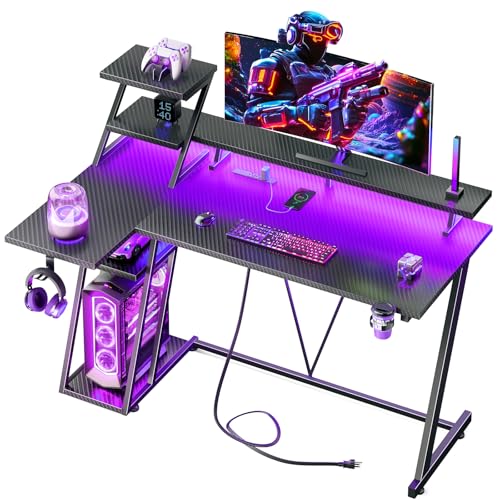 Korfile 40 Inch Gaming Desk with LED Lights & Power Outlet, L Shaped Computer Gaming Table with Storage Shelves, Reversible Corner Desk with Monitor Stand for Home Office, Carbon Fiber Black - size: 40 Inches