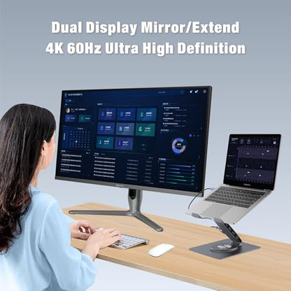 Adjustable Laptop Stand for Desk with Docking Station 9-in-1, Aluminum Laptop Riser with USB Hub, 360° Swivel, Dual Display 4K60Hz HDMI, 3 USB3.0, 100W PD Charging, for MacBook Pro Air/Dell/HP 7-15.6" - size: 9-in-1 Hub Laptop Stand