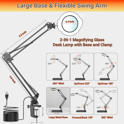 15X Magnifying Glass with Light, Real Glass Lens, 84 LEDs, 5 Color Modes Stepless Dimmable, Adjustable Swing Arm with Clamp and Base, Hands-Free Magnifier for Crafts, Reading, Repair, Close Work