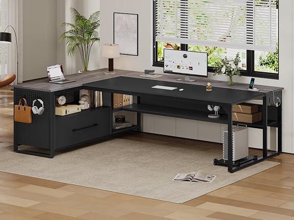 UPOSOJA 71" Executive Desk, L Shaped Office Desk with Widen File Drawers - color: Grey, size: Widen Drawer