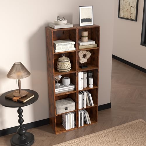 5-Tier Wooden Cube Storage Organizer, 52 Inch Tall Bookcase & Display Shelf with 5 Open Cubes, Freestanding DIY Closet Shelving Unit for Living Room Office(Retro Brown, 5 Cube-W(11.8inch) - color: Retro Brown, size: 5 Cube-W(11.8inch)