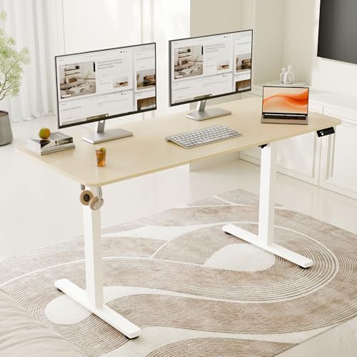 55"x24" Standing Desk, Adjustable Sit-Stand Home Office, Oak | Electric Adjustable Standing Desk, Sit to Stand Computer Office Desk with Splice Board, Memory Preset, Lifts 28''-46.5" - color: White Frame-gold Oak, size: 55-inch