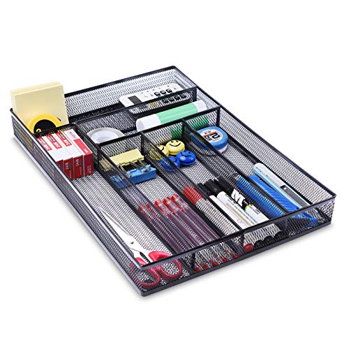 WuGeShop Desk Drawer Organizer with 6 Compartments, Mesh Drawer Organizer Tray for Stationery, Office Supplies Desktop Storage, Black - color: Black-6 Compartments