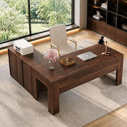 Tribesigns L Shaped Executive Desk with Drawers,Walnut | Large Office Desk with Rolling File Cabinet Combo,Home Office Computer Desk,Wooden Desk with Long Front Baffle - color: Walnut