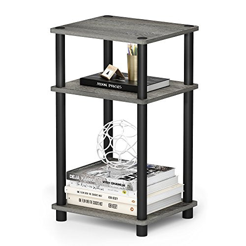 Furinno JUST Side Table, 3-Tier End Table, Open Shelves Night Stand, Bedside Table, Toolless Assembly, for Living Room, Bedroom, Bathroom, French Oak - color: French Oak Grey/Black, size: 3-Tier, Round Pole, style: 1-Pack