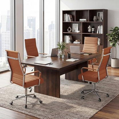 JOMEED Office Desk Chair,Conference Room Chair,High Back PU Leather Swivel | Modern Executive Ribbed Design, Ergonomic, Height Adjustable, Wheels and Arms, for Home Office(Brown-Silver Frame) - color: Brown-sliver Frame