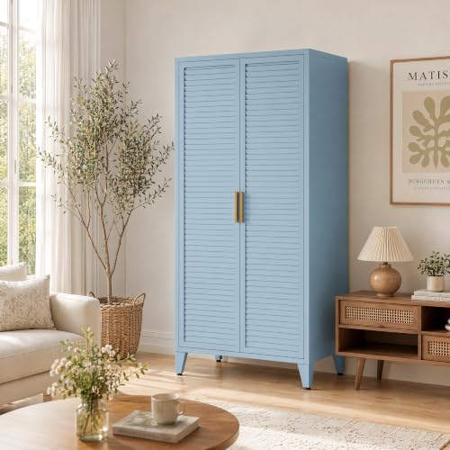 Blue Metal Storage Cabinet with Doors Pantry Cabinet with 3 Adjustable Shelves, 61" Tall Steel Kitchen Storage Locker for Kitchen Living Room Bedroom Home Bathroom - color: Blue, style: 61"H-Locker-BY