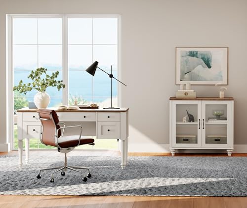 WAMPAT Home Office Furniture Set, 56" Executive Desk with Charging Station, Farmhouse Cabinet with Glass Doors, Wood Computer Desk with File Cabinet Storage, Open Shelf, White - color: White