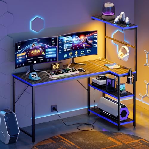 51" L-Shaped Gaming Desk with Power Outlets LED Lights, Black&Blue - color: Black&blue, size: 51 Inch