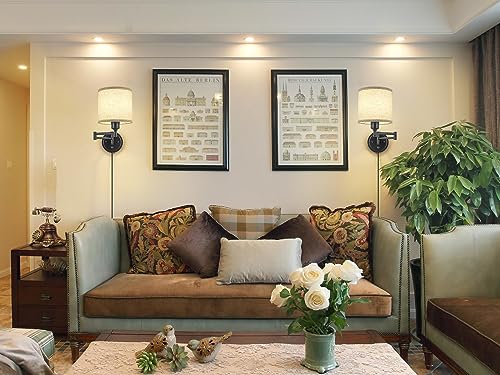 Plug in Wall Sconces with Remote Control, Dimming 10%-100% & Adjustable Colors 2700K-6500K, Hardwire or Plug-in, Swing Arm Wall Lamp with Linen Fabric Shade, Wall Sconces Set of Two, Black Finish - color: Linen(Bulbs+Remote)