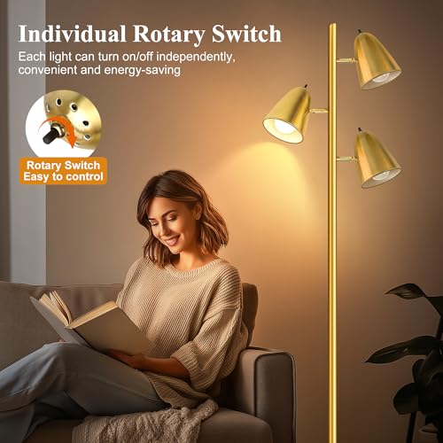 QiMH Tree Floor Lamp with 3 Light Bulbs, Standing Tall Pole Lamps for Living Room Bedroom Office, Reading Stand up Lamps with 3 Adjustable Arms, Brushed Gold - color: Brushed Gold