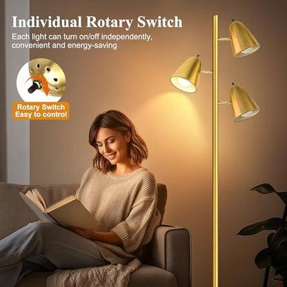 QiMH Tree Floor Lamp with 3 Light Bulbs, Standing Tall Pole Lamps for Living Room Bedroom Office, Reading Stand up Lamps with 3 Adjustable Arms, Brushed Gold - color: Brushed Gold