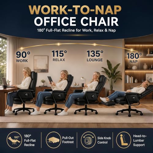 180° Reclining Office Chair with Footrest, PU Leather Desk Chair with 4-Position Backrest and Thick Cushion, Executive Computer Chair for Home Office, Work and Study,Black - color: Black