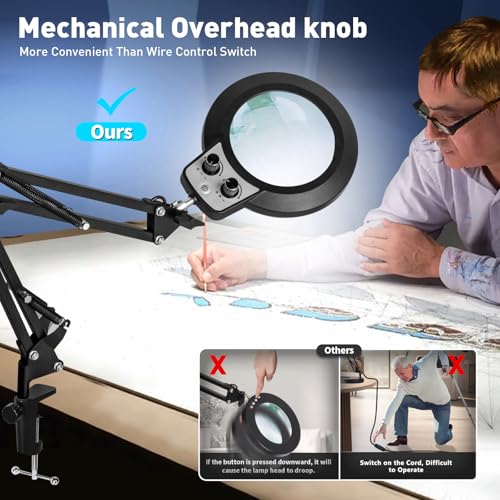 KIRKAS 12X Magnifying Glass with Light and Stand, Overhead Dual Knob | Lighted Magnifier Lamp for Workbench, Craft, Sewing, Repair, Reading, Real Glass Lens Stepless Dimming and Color (22IN Clamp) - size: 12X 22 INCH Clamp
