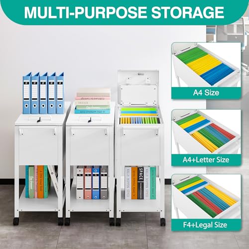 Rolling File Cart with Wheels Hanging Files,Rolling File Cabinet Organizer,Rolling Hanging File Folder Cart on Wheels,Metal Filing Cart,Fit A4/F4/Letter/Legal File for Home Office (White) - color: White