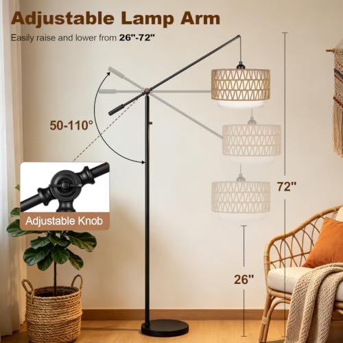 【Upgraded】Boho Dimmable Floor Lamps with Adjustable Swing Arm, 1100 Lumens Bulb Included, Modern Standing Lamp with Rattan & Fabric Shades, Rattan Tall Arc Floor Lamp for Living Room Bedroom, Black - color: Farmhouse-Matte Black