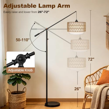 【Upgraded】Boho Dimmable Floor Lamps with Adjustable Swing Arm, 1100 Lumens Bulb Included, Modern Standing Lamp with Rattan & Fabric Shades, Rattan Tall Arc Floor Lamp for Living Room Bedroom, Black - color: Farmhouse-Matte Black