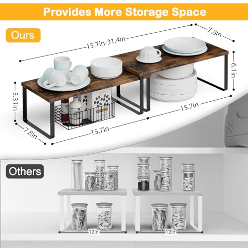 OGEMXU Cabinet Shelf Organizers, 15.7 inches Large Kitchen Counter Shelf, Set of 4 Wood Kitchen Pantry Organizer, Storage Shelves for Countertop, Spice Rack, Stackable, Expandable, Metal Black, Brown - color: Black and Brown, size: 4pcs 7.8" D x 15.7" W x