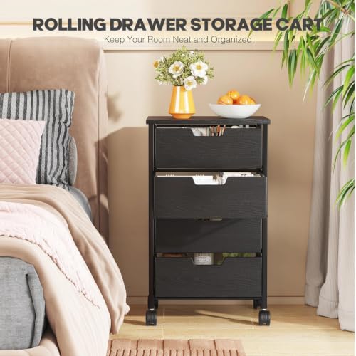 Rolling Cart with Drawers, Wooden Top and Front | Metal Under Desk Storage Cart with 4 Drawers and Wheels, for Office, Bedroom, Classroom, Home, Black - color: Black