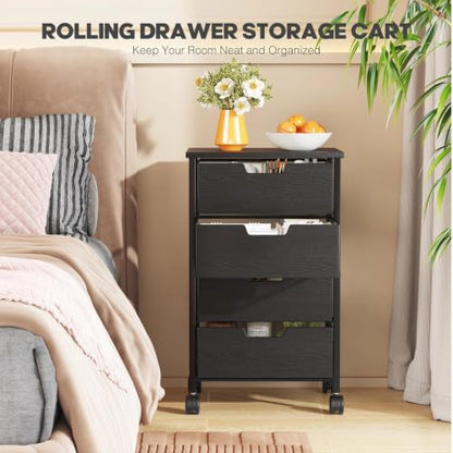 Rolling Cart with Drawers, Wooden Top and Front | Metal Under Desk Storage Cart with 4 Drawers and Wheels, for Office, Bedroom, Classroom, Home, Black - color: Black