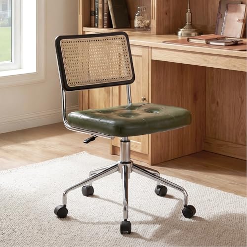 Zesthouse Leather Office Desk Chair with Wheels, Mid Century Rolling Desk Chair with Natural Rattan Back, Modern Swivel Home Office Chair, Small Height Adjustable Computer Task Chair, Green - color: Green, size: Armless