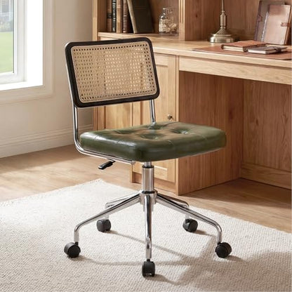 Zesthouse Leather Office Desk Chair with Wheels, Mid Century Rolling Desk Chair with Natural Rattan Back, Modern Swivel Home Office Chair, Small Height Adjustable Computer Task Chair, Green - color: Green, size: Armless