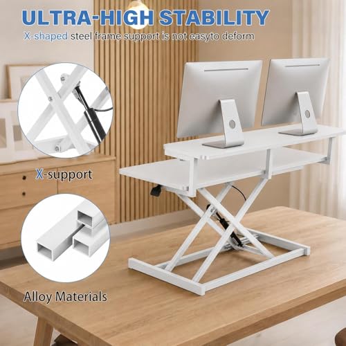37" Height Adjustable Standing Desk Converter, 4.9" to18.5 Height Adjustable Sit Stand Up Desk Riser with Secondary Desks, Desktop Workstation Riser for Home Office Computer Laptop, White - color: White