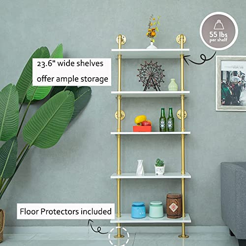 5 Shelf Modern Gold Bookshelf, Wall Mount White Bookcase, Ladder Shelf with Metal Frame, Display Shelf Shelves for Living Room/Home/Office - color: Gold, size: 5 tier