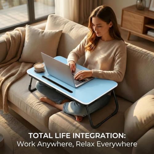 BUYIFY 23.4" Foldable Lap Desk Bed Table with Cup Holder Tray Blue - color: Blue
