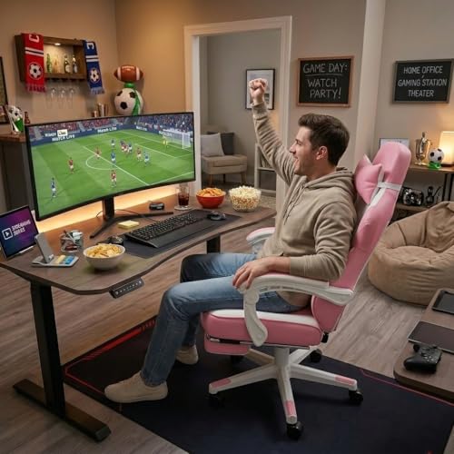 Big and Tall Gaming Chair for Adults, 330lbs Heavy Duty Computer Chair with Footrest & Massage Lumbar Support, Wide Seat High Back Reclining Desk Chair, 360° Swivel, Pink - color: Pink