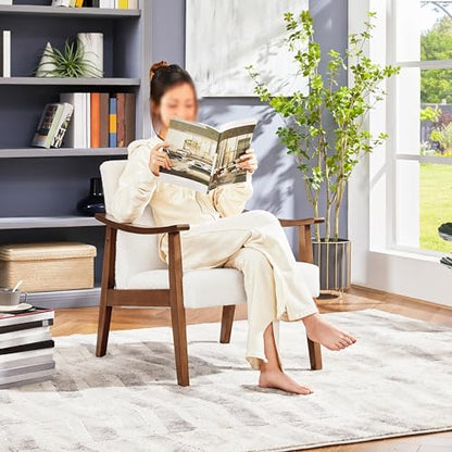 Yaheetech Accent Chairs Set of 2, Mid-Century Boucle Fabric Armchair, Ivory | Cushioned Club Chairs with Supportive Sloped Backrests and Sturdy Wood Arms Fit Small Living Rooms, Offices, Reading Nook - color: Ivory