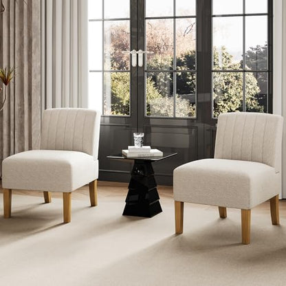 Armless Accent Chairs Set of 2 for Bedroom, Bedroom Chair for Bedroom Living Room Chair with Solid Wood Legs, Makeup Vanity Chair Fabric Comfy Upholstered Reading Chair Accent Chair,Beige - color: Beige