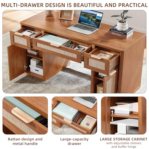 LEYAOYAO Office Desk 56" with 5 Drawers Storage File Cabinet, Tea Brown - color: Tea Brown
