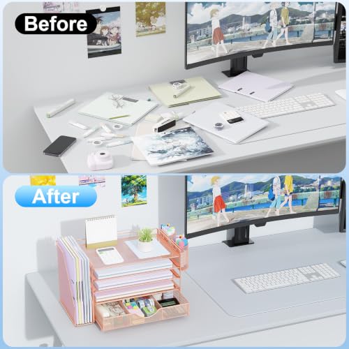 gianotter 5-Tier Desk Organizer with Drawers and File Holders | Letter Trays and Pen Holders - Workspace Accessories for Office Supplies (Rose Gold) - color: Rose Gold, size: 5T
