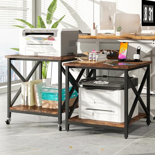 METYERRY 23.6"x23.6" Large Printer Stand with Power Outlet | 2 Tier Storage Shelf, 200 lbs Heavy Duty, Industrial Wheels,Fits 3D Printers,Laser Printers and Heat Press,Home Office - color: Rustic Brown