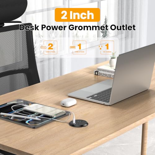 2 Inch Desk Power Grommet Outlet, 1AC Outlets, 3 USB (2 USB-C), Black, 6FT - color: Black