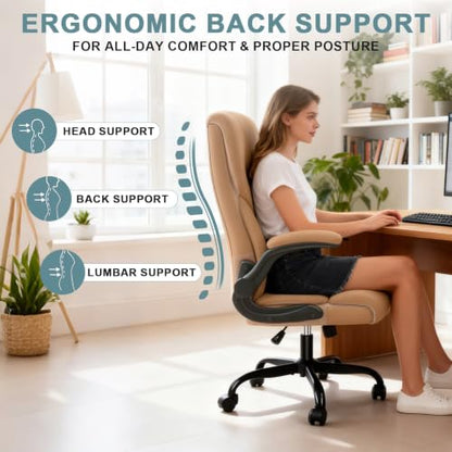 AreShark Office Chair - Executive High Back Breathable Desk Chair with Lumbar Support - Ergonomic Leather Rolling Swivel Computer Chair with Rock Function for Working Studying Gaming Relaxing - color: Khaki
