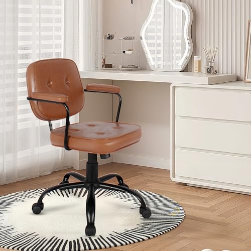 Compact Desk Chair with Arms & Wheels 360° Swivel Adjustable Vanity Chair Small Rolling Task Chair for Home Office, Bedroom, Study, Dressing Table - color: Khaki-1