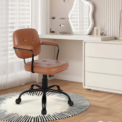 Compact Desk Chair with Arms & Wheels 360° Swivel Adjustable Vanity Chair Small Rolling Task Chair for Home Office, Bedroom, Study, Dressing Table - color: Khaki-1