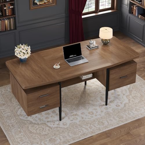 70.9" W x 27.6" D Modern Executive Desk, Wooden Computer Desk with 2 Drawers and File Drawer, Privacy Panel & Open Storage Shelf, Large Home Office Writing Desk for Living Room