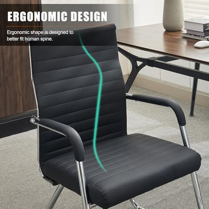 Okeysen Office Guest Chairs Set of 4, Modern Leather Reception Chairs with Mid Back & Sled Base, No-Wheel Desk Chairs for Waiting Room & Conference Room - color: Black Leather/Silver Frame, size: Set of 4