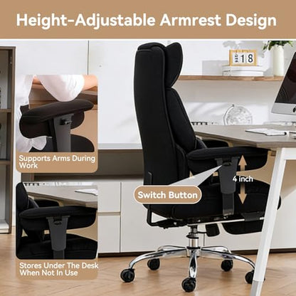 Efomao Executive Office Chair, Mesh Black Fabric Big and Tall Desk Chair | Breathable fabric, pocket spring & foam seat, retractable footrest, 135° recline for computer gaming setup - color: 3084mus-black